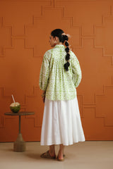 (Pre-Order) White & Green Ethnic Printed Cotton Shirt & Skirt Set