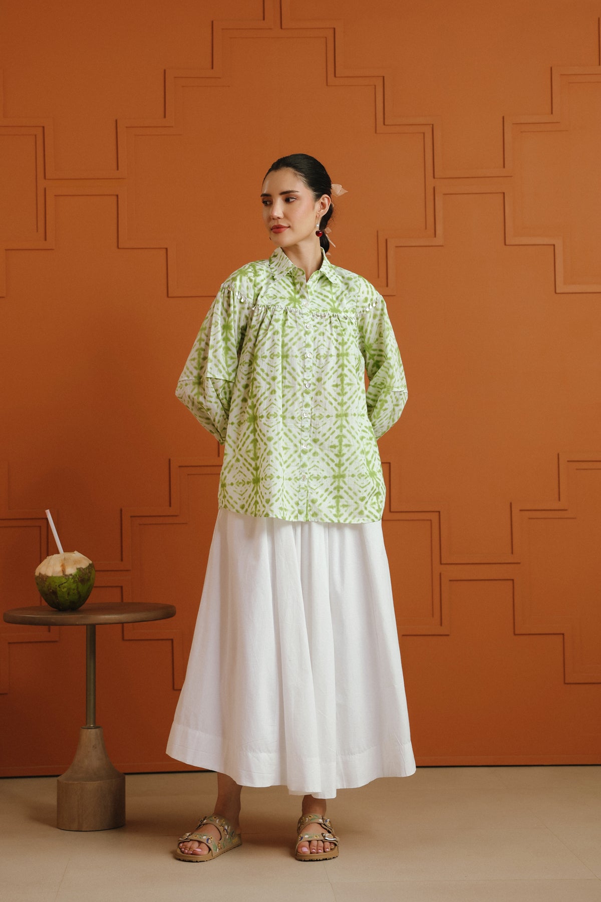 (Pre-Order) White & Green Ethnic Printed Cotton Shirt & Skirt Set