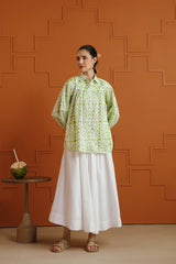 (Pre-Order) White & Green Ethnic Printed Cotton Shirt & Skirt Set