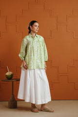(Pre-Order) White & Green Ethnic Printed Cotton Shirt & Skirt Set