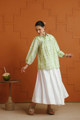 (Pre-Order) White & Green Ethnic Printed Cotton Shirt & Skirt Set