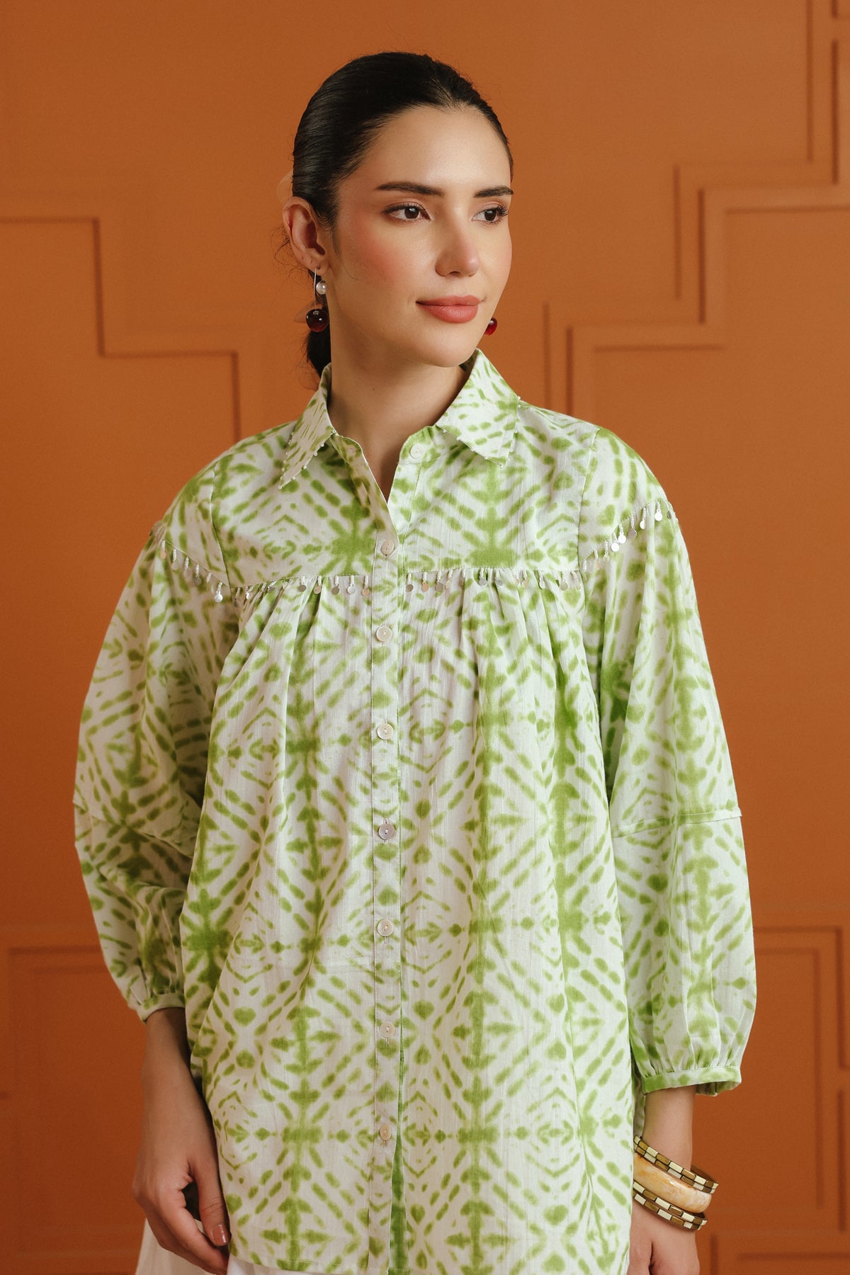 (Pre-Order) White & Green Ethnic Printed Cotton Shirt & Skirt Set