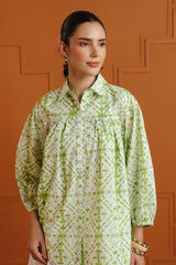 (Pre-Order) White & Green Ethnic Printed Cotton Shirt With Embellished Yoke