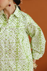 (Pre-Order) White & Green Ethnic Printed Cotton Shirt & Skirt Set