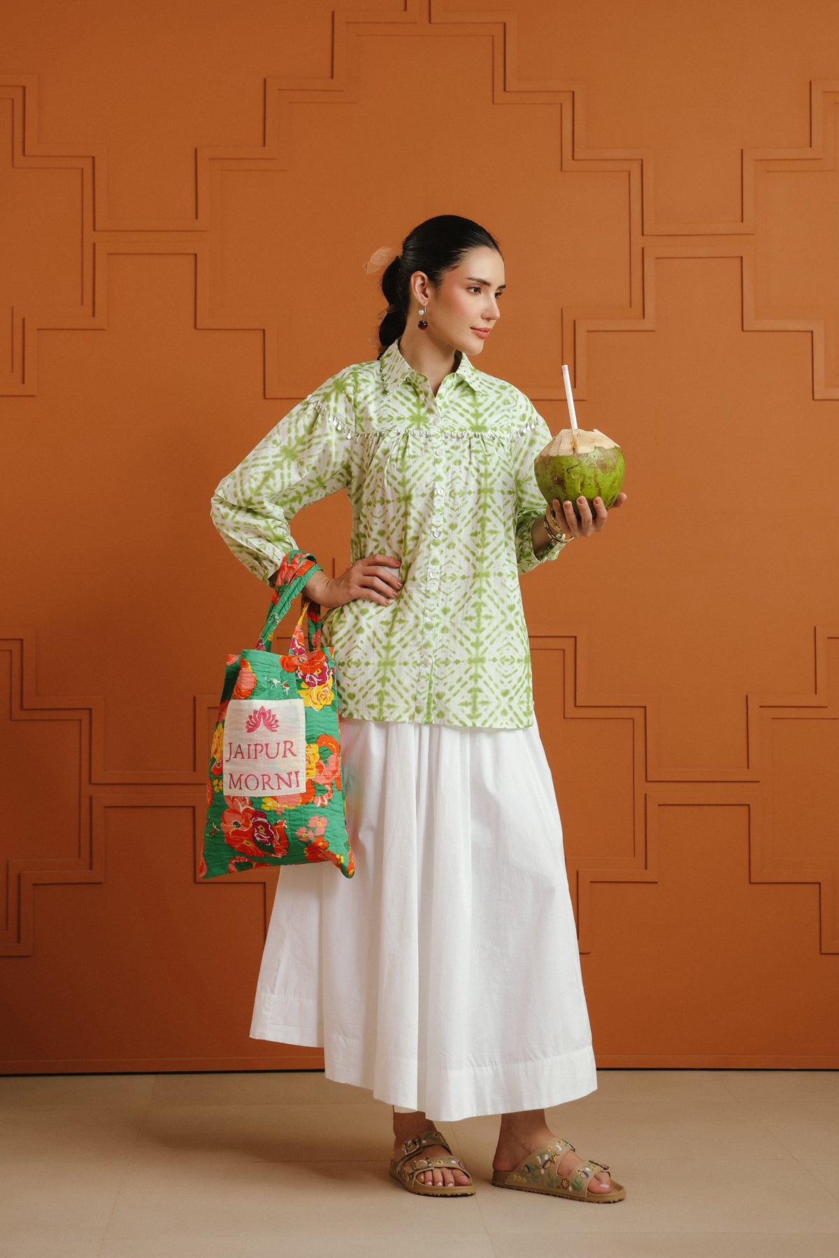 (Pre-Order) White & Green Ethnic Printed Cotton Shirt & Skirt Set