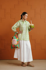 (Pre-Order) White & Green Ethnic Printed Cotton Shirt & Skirt Set
