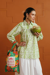 (Pre-Order) White & Green Ethnic Printed Cotton Shirt & Skirt Set