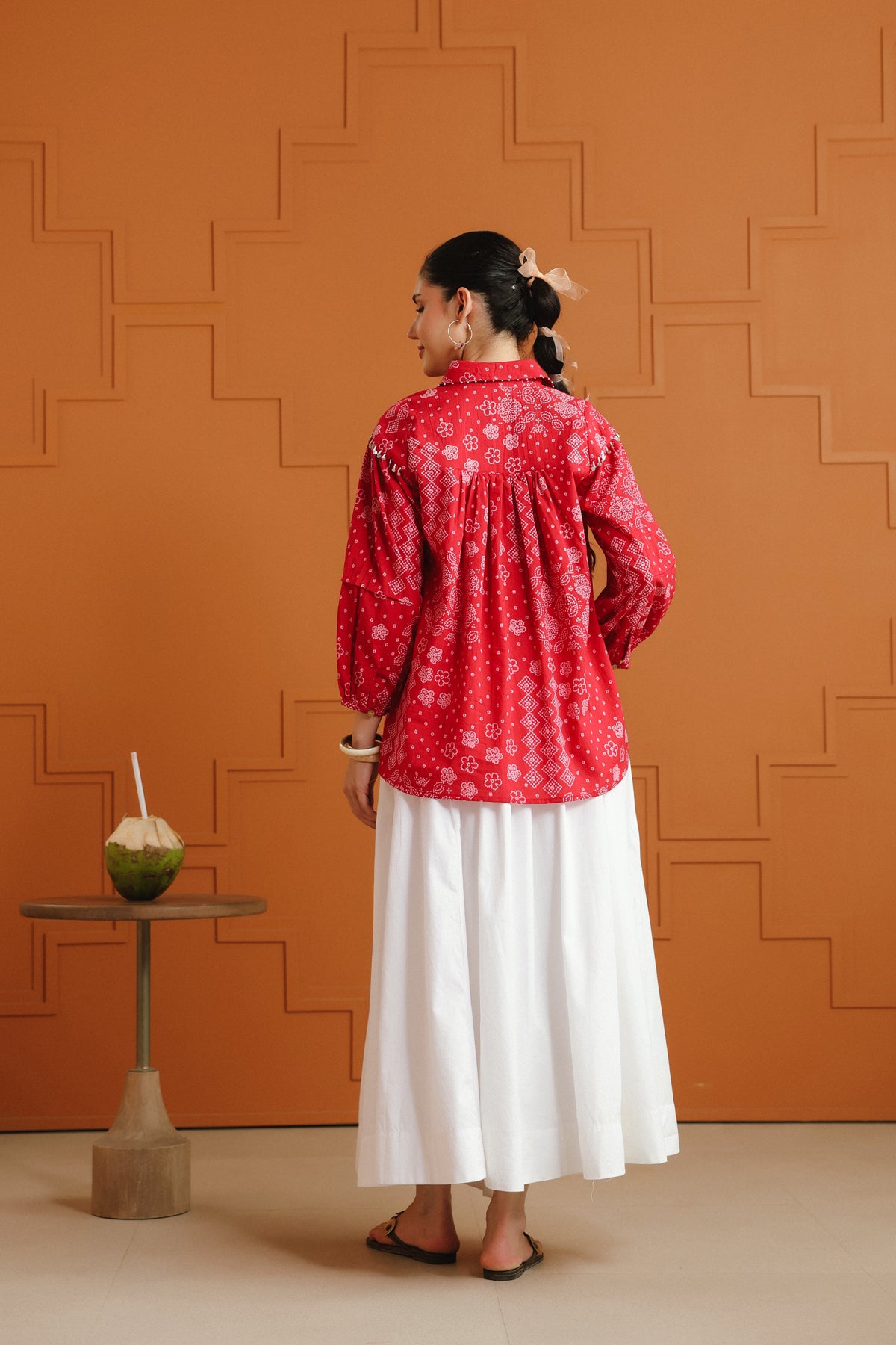 (Pre-Order) Pink & White Ethnic Printed Cotton Shirt & Skirt Set