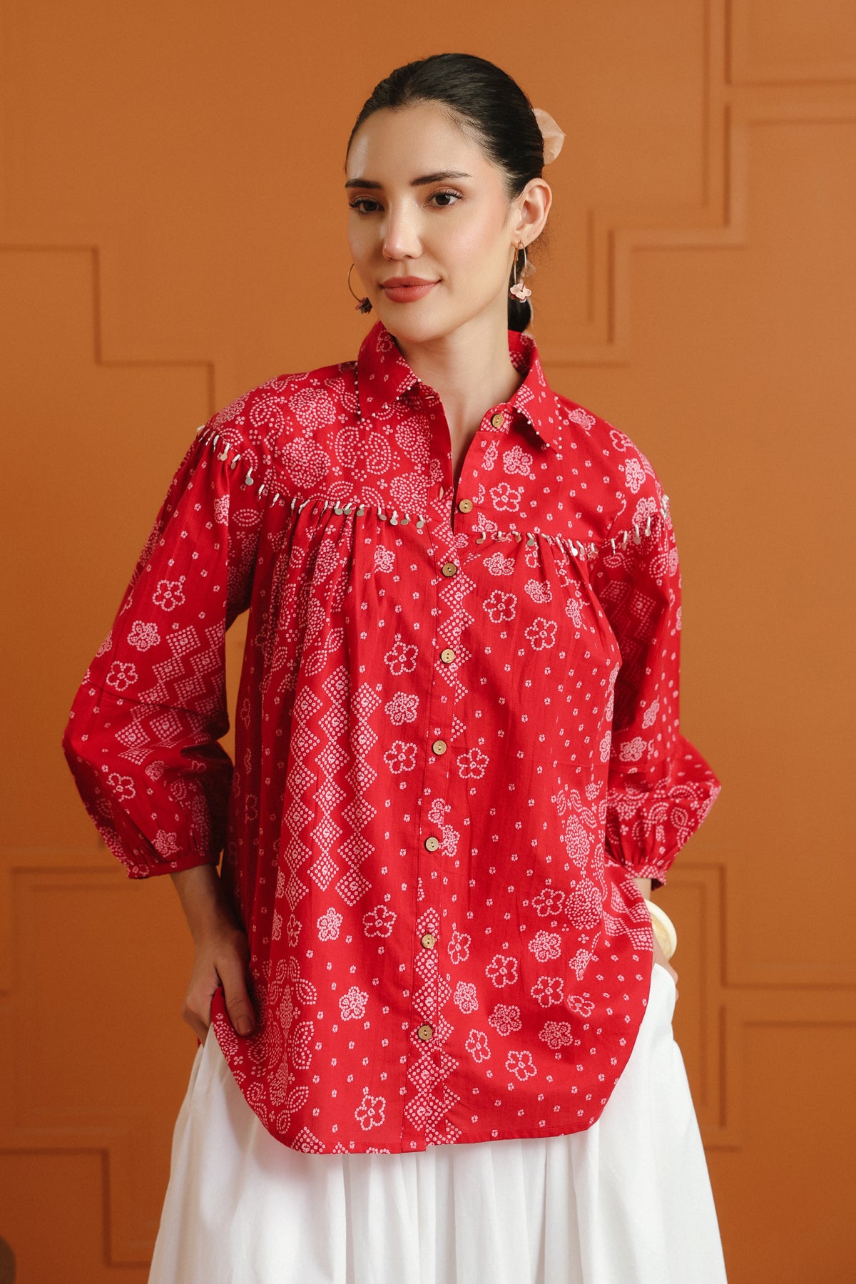 (Pre-Order) Pink & White Ethnic Printed Cotton Shirt & Skirt Set