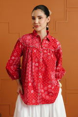 (Pre-Order) Light Pink Bandhej Ethnic Printed Cotton Shirt With Embellished Yoke
