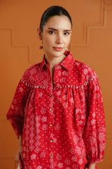 (Pre-Order) Light Pink Bandhej Ethnic Printed Cotton Shirt With Embellished Yoke