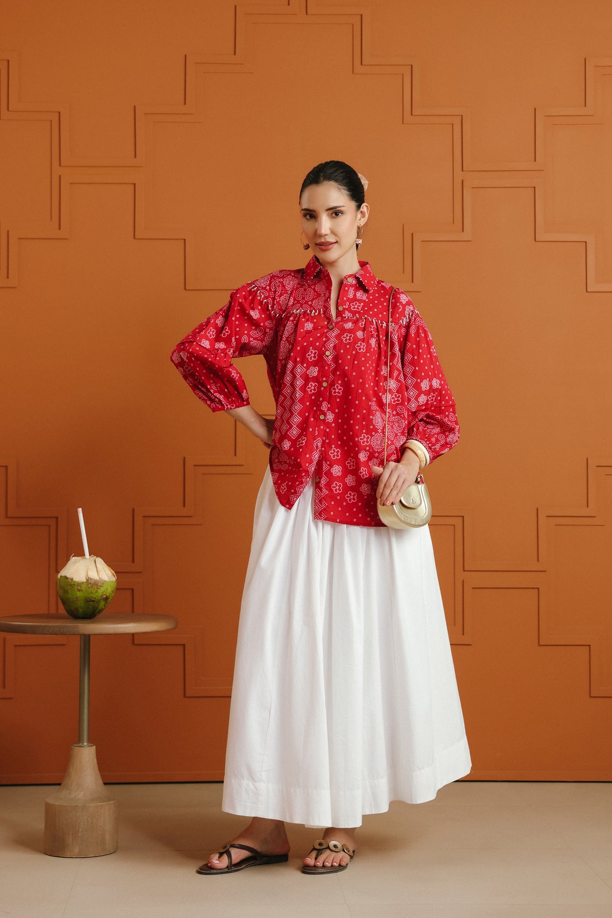 (Pre-Order) Pink & White Ethnic Printed Cotton Shirt & Skirt Set