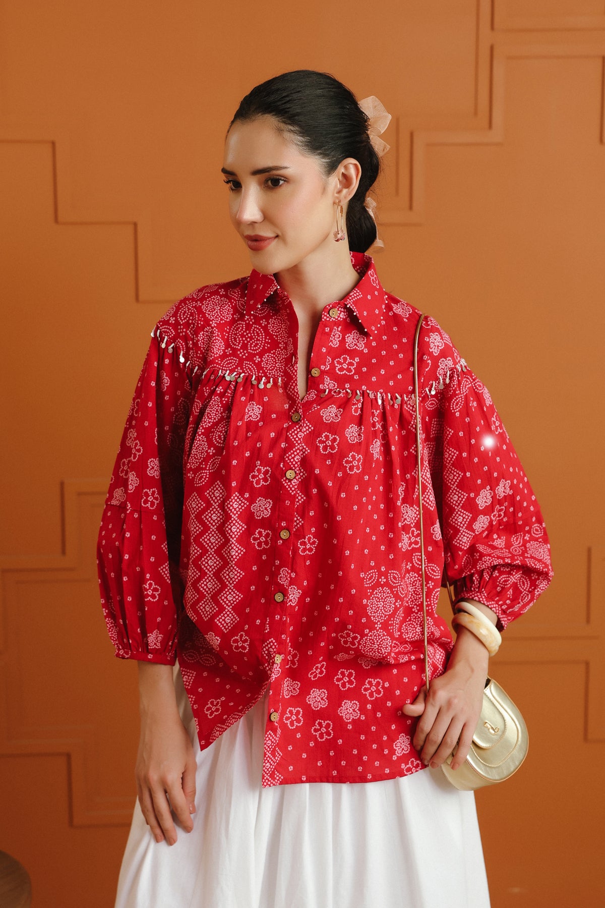 (Pre-Order) Light Pink Bandhej Ethnic Printed Cotton Shirt With Embellished Yoke