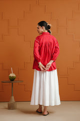 (Pre-Order) Orange & White Ethnic Printed Cotton Shirt & Skirt Set