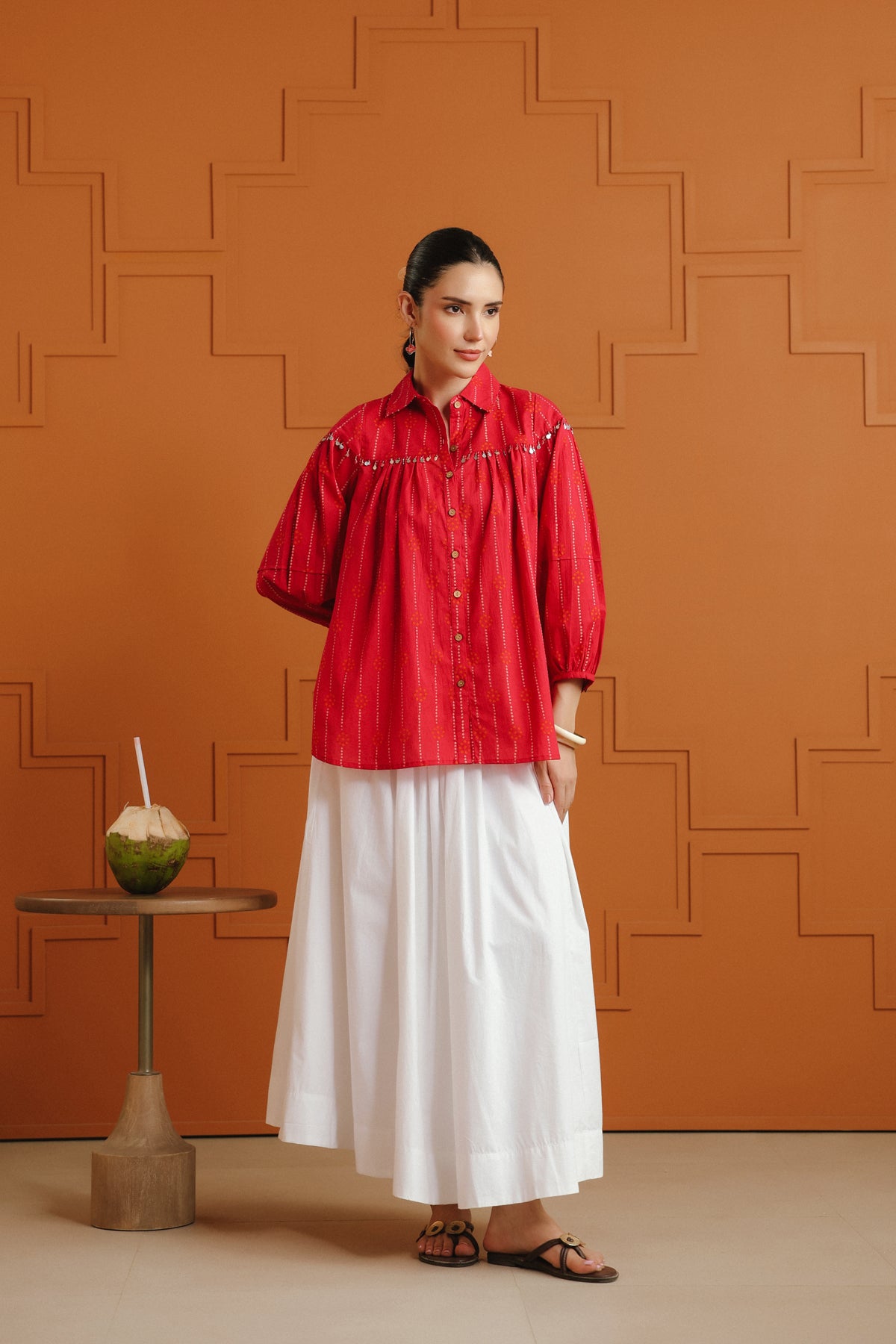 (Pre-Order) Pink & Orange Bandhej Ethnic Printed Cotton Shirt With Embellished Yoke
