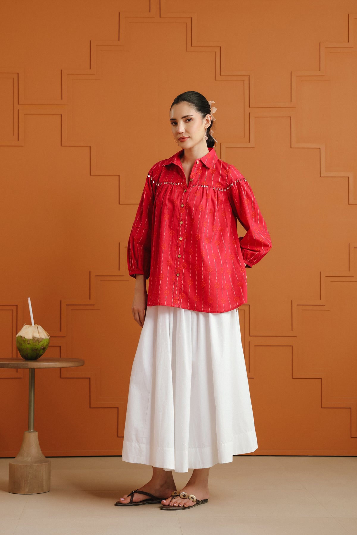 (Pre-Order) Orange & White Ethnic Printed Cotton Shirt & Skirt Set