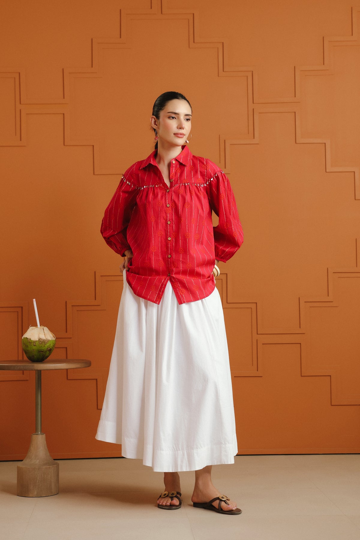 (Pre-Order) Pink & Orange Bandhej Ethnic Printed Cotton Shirt With Embellished Yoke