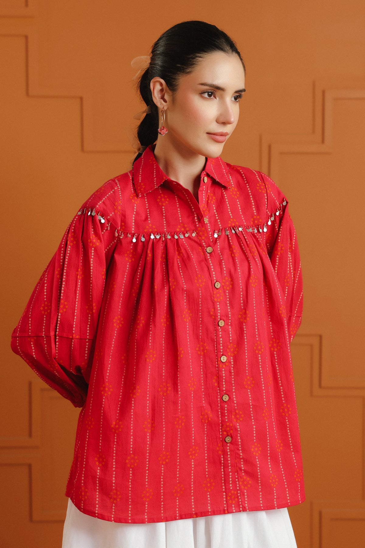 (Pre-Order) Orange & White Ethnic Printed Cotton Shirt & Skirt Set