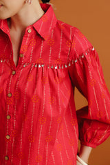 (Pre-Order) Pink & Orange Bandhej Ethnic Printed Cotton Shirt With Embellished Yoke