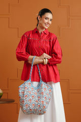(Pre-Order) Orange & White Ethnic Printed Cotton Shirt & Skirt Set