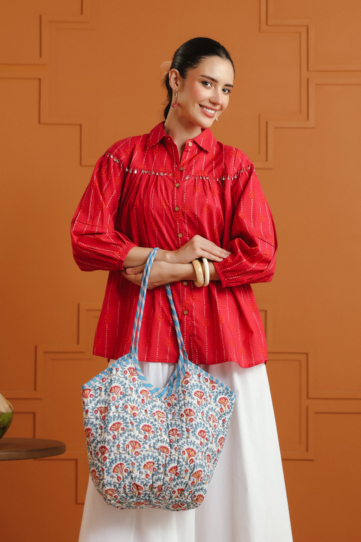 (Pre-Order) Pink & Orange Bandhej Ethnic Printed Cotton Shirt With Embellished Yoke