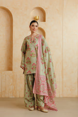 Green Printed Cotton Farshi Kurta, Salwar & Dupatta Set