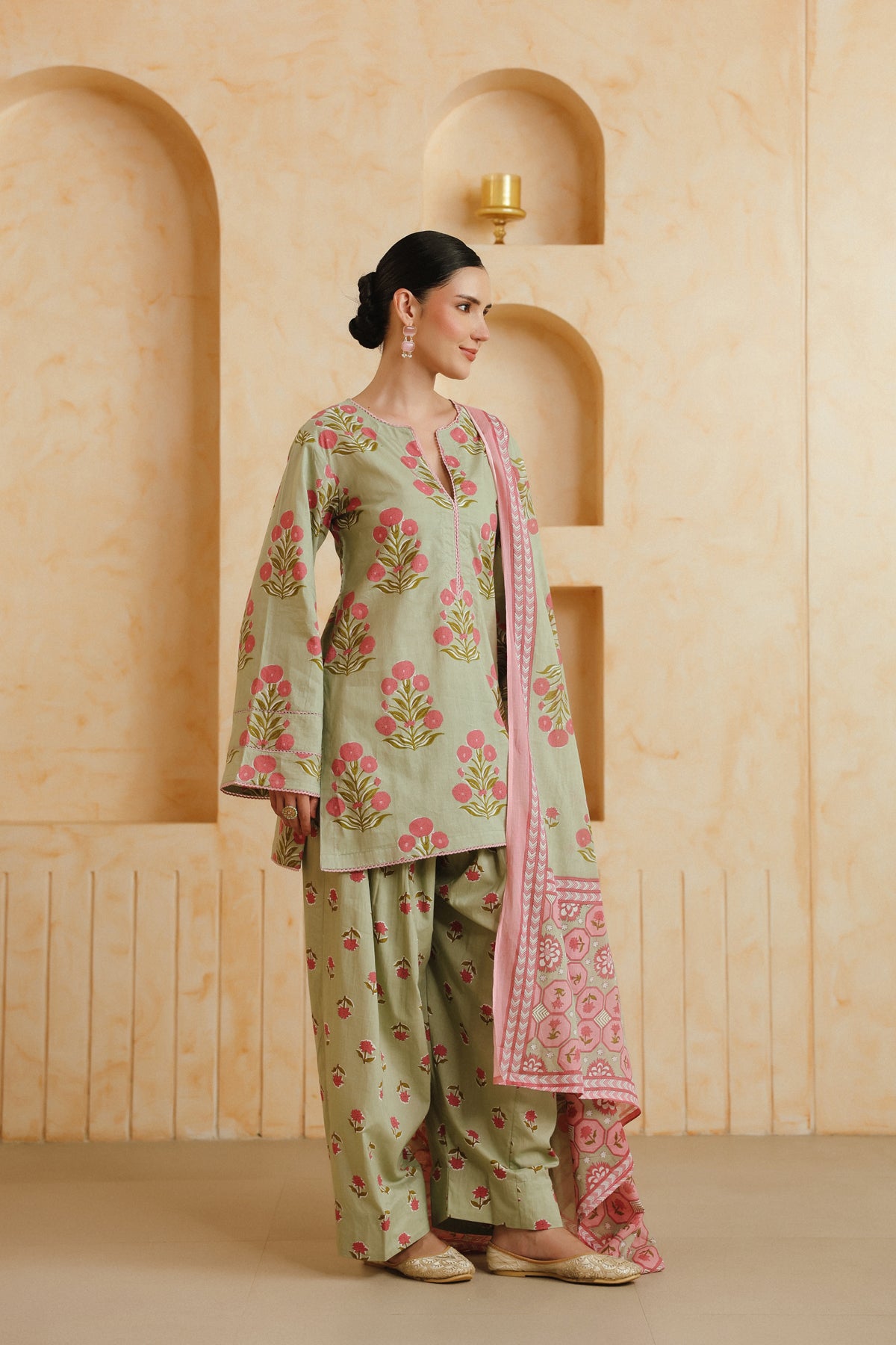 Green Printed Cotton Farshi Kurta, Salwar & Dupatta Set