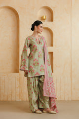 Green Printed Cotton Farshi Kurta, Salwar & Dupatta Set