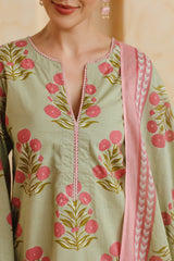 Green Printed Cotton Farshi Kurta, Salwar & Dupatta Set