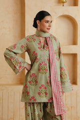 Green Printed Cotton Farshi Kurta, Salwar & Dupatta Set