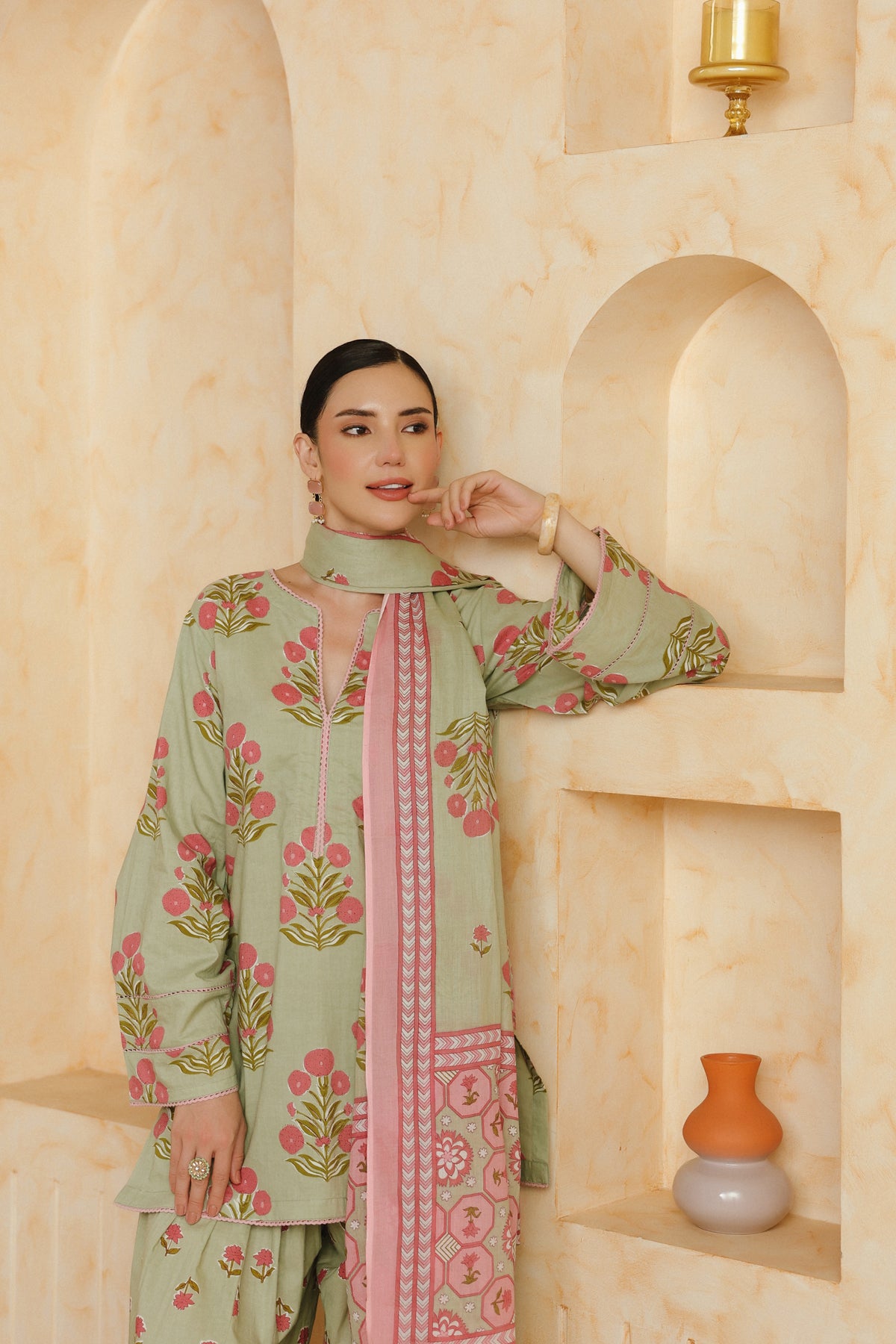 (Pre-order) Green Printed Cotton Kurta, Farshi Salwar & Dupatta Set