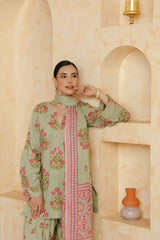 (Pre-order) Green Printed Cotton Kurta, Farshi Salwar & Dupatta Set