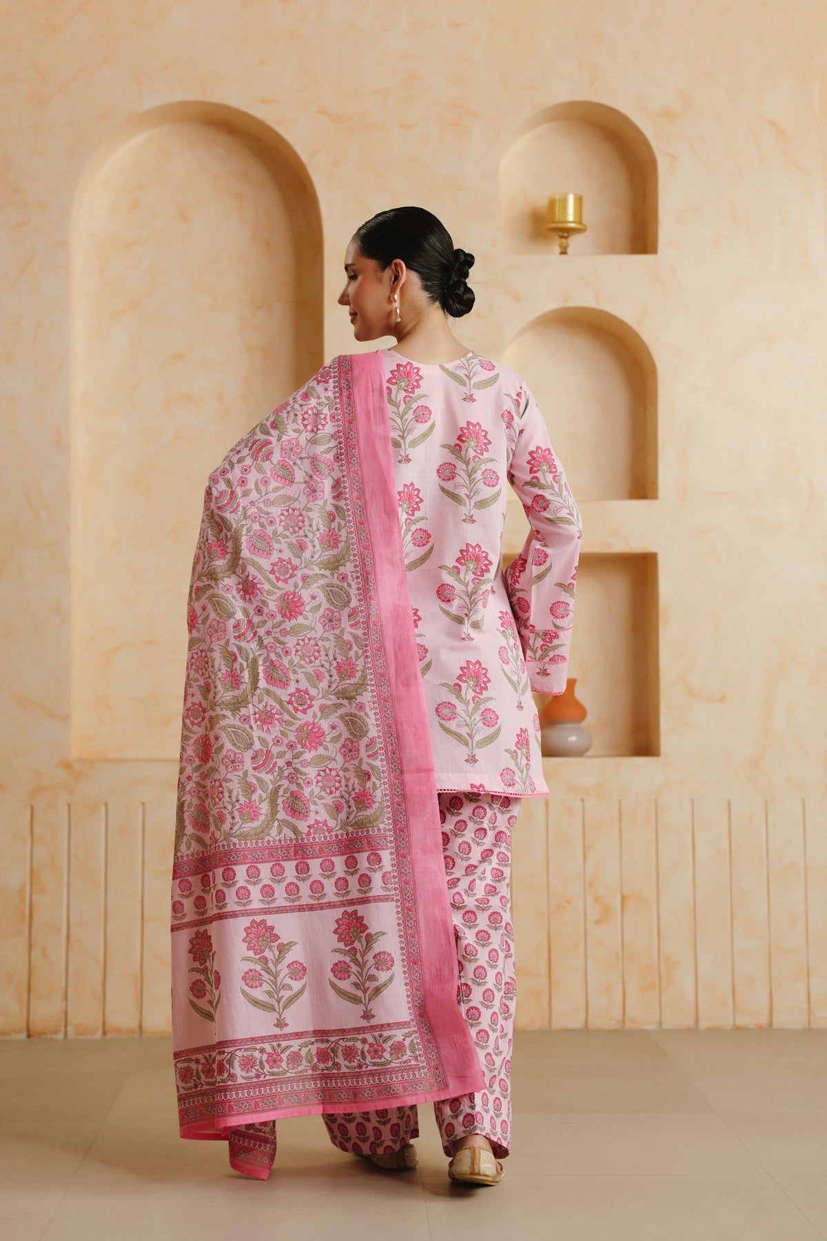 Pink Printed Cotton Farshi Kurta, Salwar & Dupatta Set