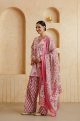 Pink Printed Cotton Farshi Kurta, Salwar & Dupatta Set