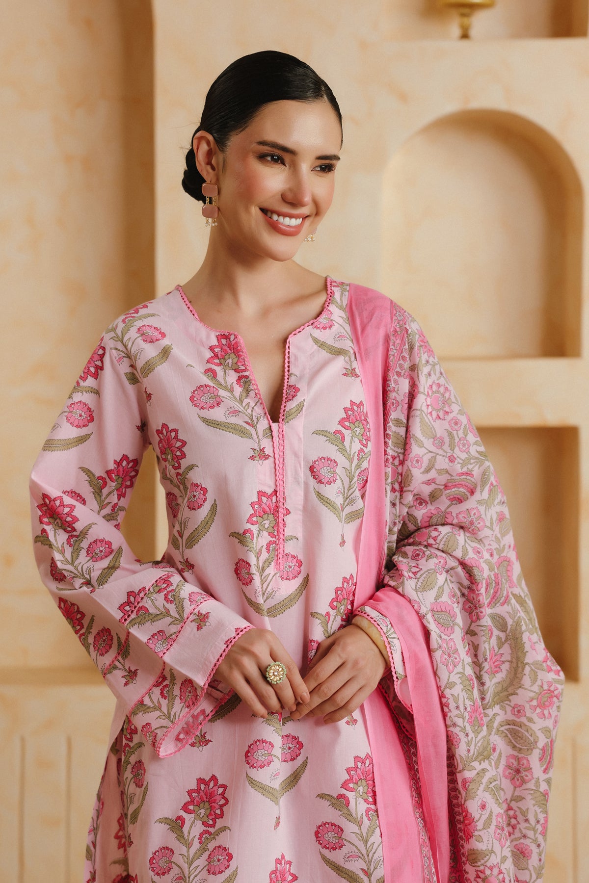 Pink Printed Cotton Farshi Kurta, Salwar & Dupatta Set