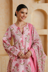 Pink Printed Cotton Farshi Kurta, Salwar & Dupatta Set
