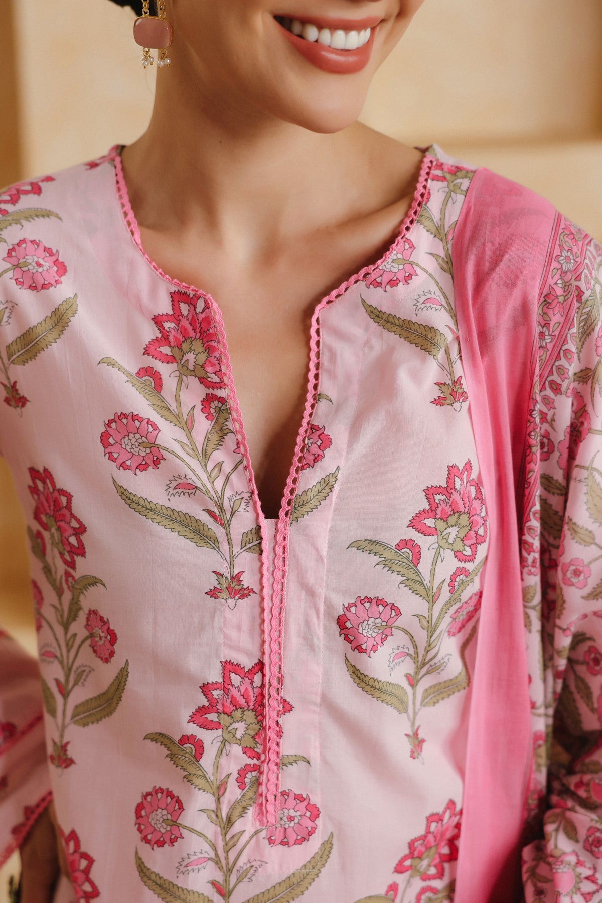 Pink Printed Cotton Farshi Kurta, Salwar & Dupatta Set