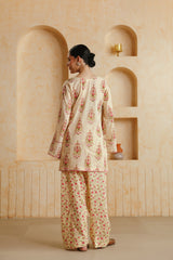 Cream Printed Cotton Farshi Kurta, Salwar & Dupatta Set