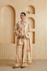 Cream Printed Cotton Farshi Kurta, Salwar & Dupatta Set