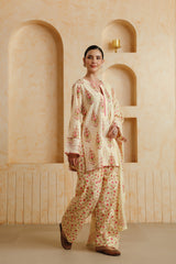 Cream Printed Cotton Farshi Kurta, Salwar & Dupatta Set