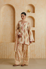 Cream Printed Cotton Farshi Kurta, Salwar & Dupatta Set