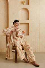 Cream Printed Cotton Farshi Kurta, Salwar & Dupatta Set
