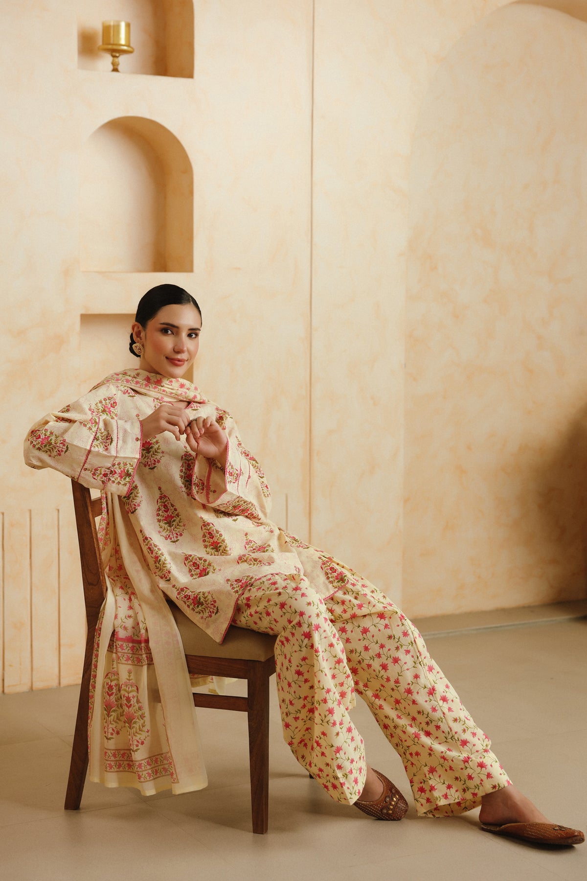 Cream Printed Cotton Farshi Kurta, Salwar & Dupatta Set