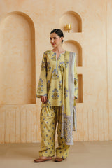 Yellow Printed Cotton Farshi Kurta, Salwar & Dupatta Set
