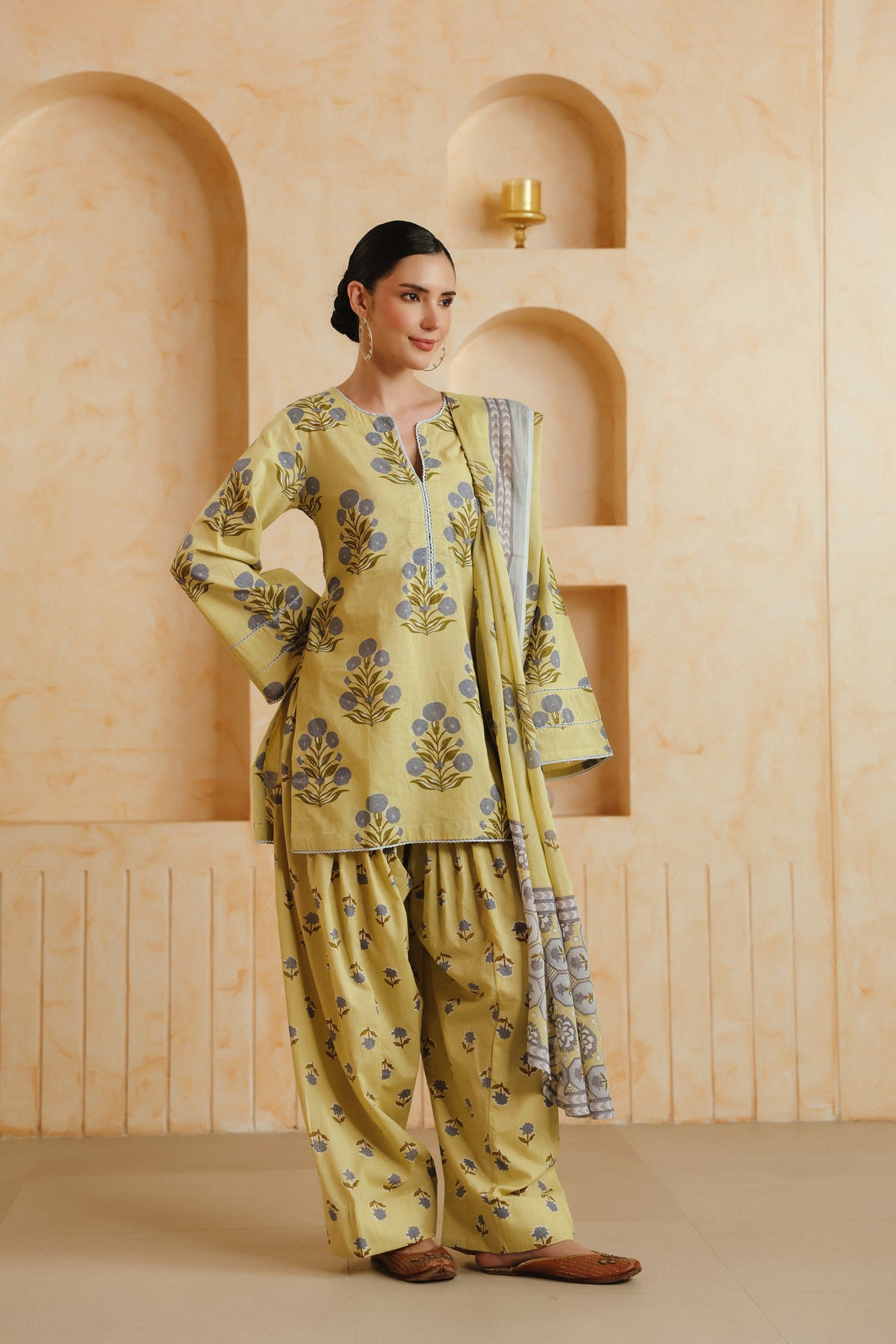 Yellow Printed Cotton Farshi Kurta, Salwar & Dupatta Set