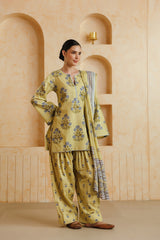 Yellow Printed Cotton Farshi Kurta, Salwar & Dupatta Set