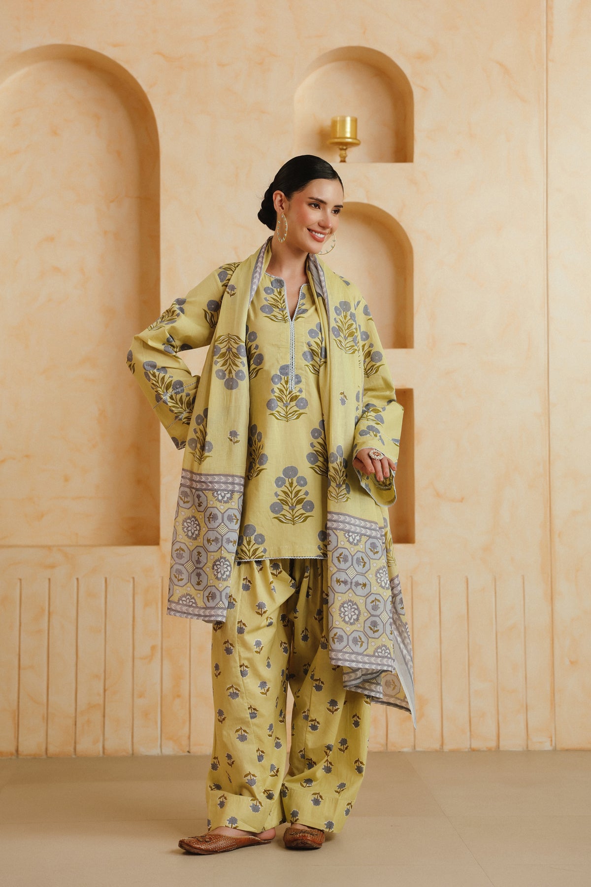 Yellow Printed Cotton Farshi Kurta, Salwar & Dupatta Set