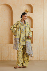 Yellow Printed Cotton Farshi Kurta, Salwar & Dupatta Set