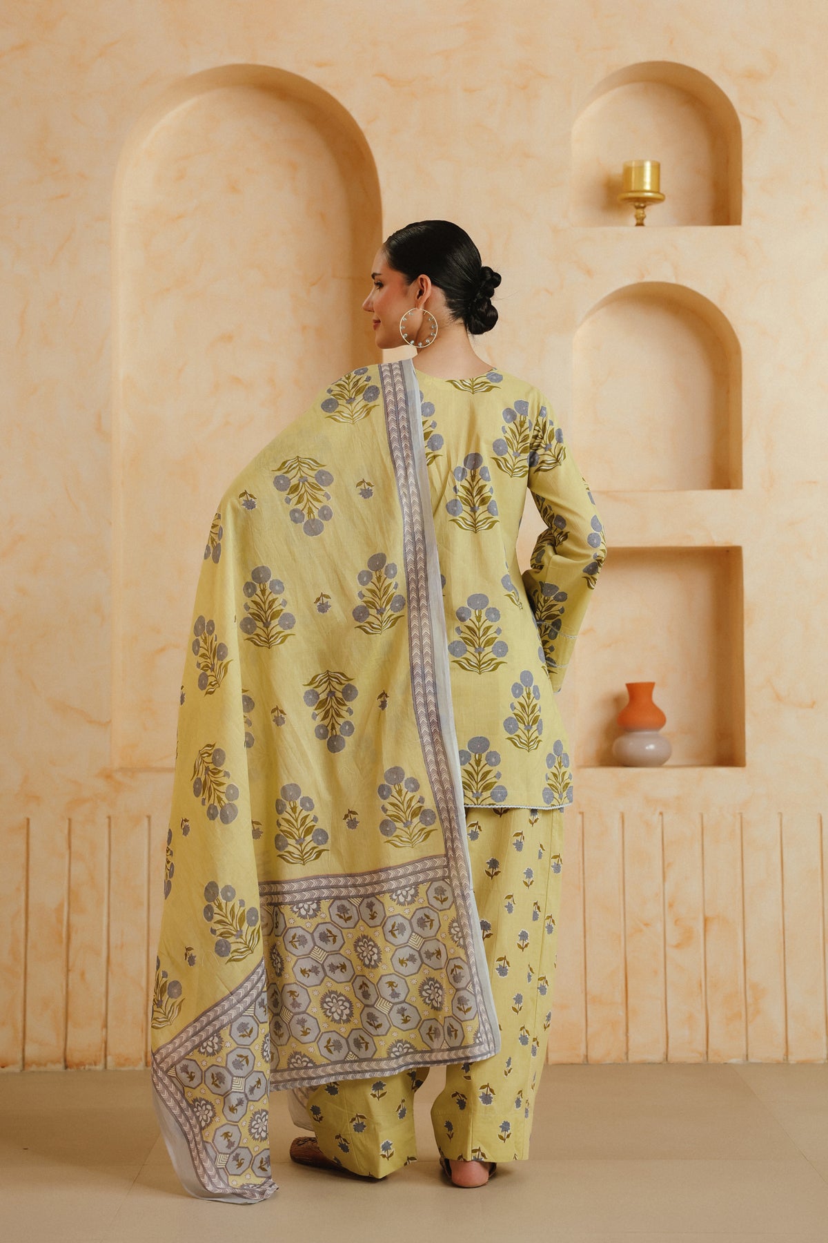 Yellow Printed Cotton Farshi Kurta, Salwar & Dupatta Set