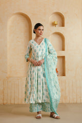 White Turquoise Floral Printed Cotton Kurta Set with Dupatta